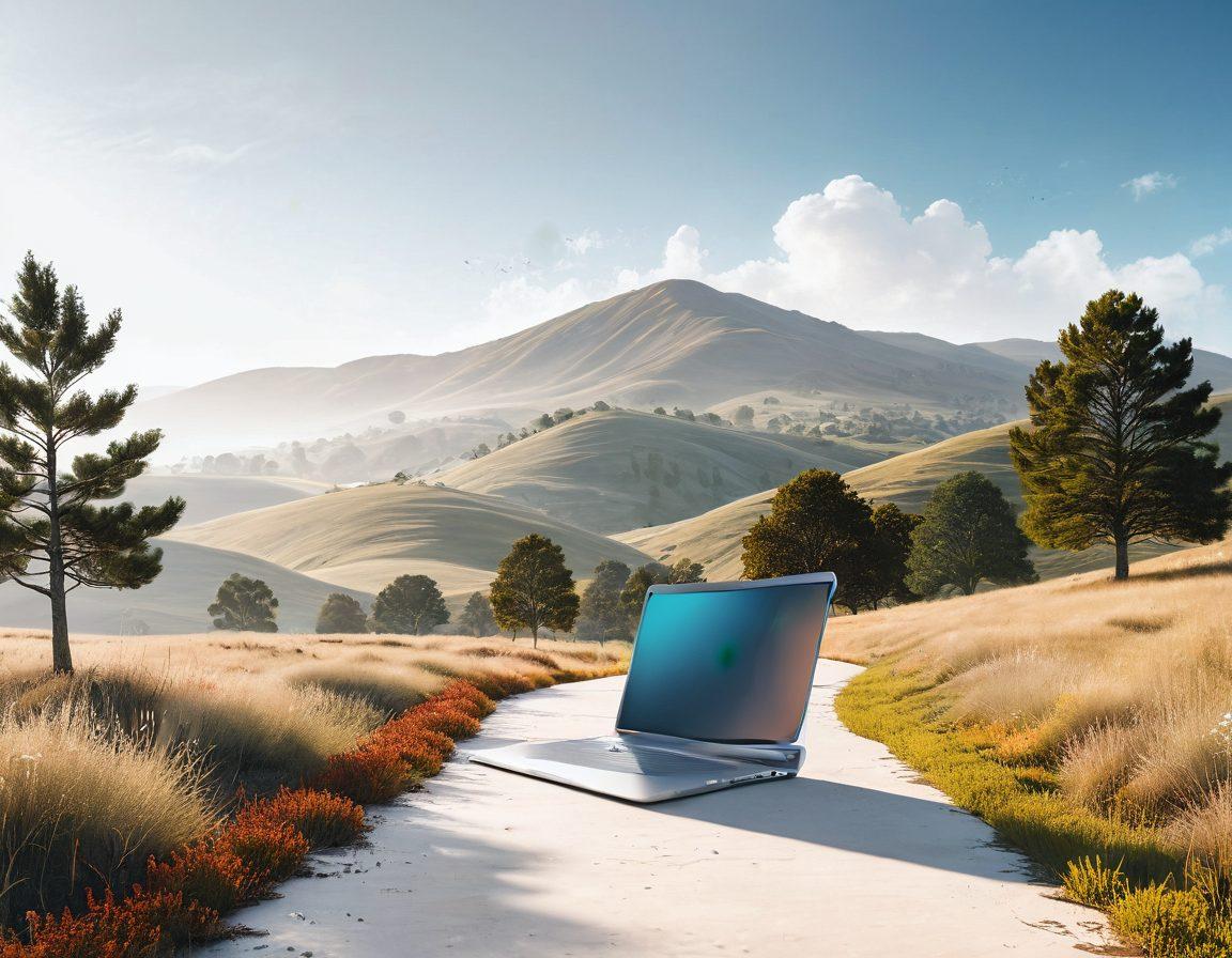 A serene landscape depicting the journey from a vibrant, sound-filled environment to a quiet, peaceful space. The left side features colorful musical notes and diverse bloggers sharing ideas with speech bubbles, transitioning to the right side which illustrates a tranquil scene with soft hues and minimalist elements symbolizing silence. Include modern blogging tools blending into the environment, like laptops and audio gadgets. super-realistic. vibrant colors. white background.
