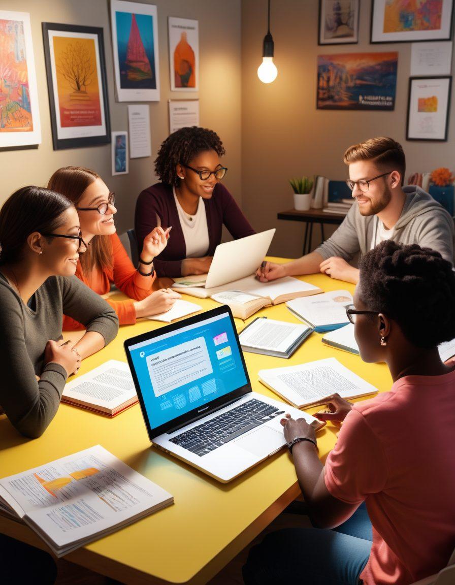 A diverse group of deaf bloggers sitting around a table, enthusiastically signing to one another, with laptops open showcasing their blogs. In the background, colorful posters highlighting accessibility solutions, like captions and sign language interpreters. The atmosphere is lively and inspiring, filled with symbolic representations of empowerment, such as light bulbs and open books. super-realistic. vibrant colors. 3D.
