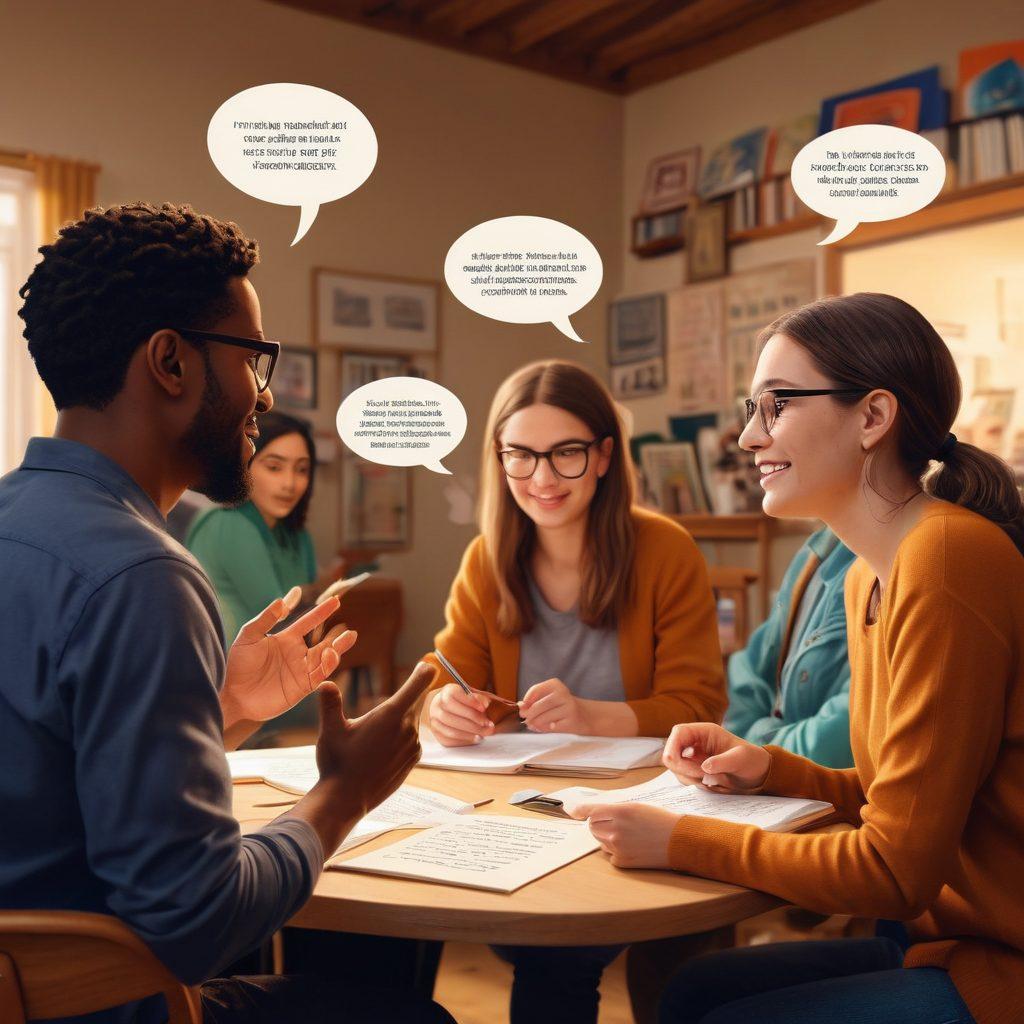 A vibrant scene illustrating diverse individuals in a lively discussion, using sign language and written notes, with speech bubbles filled with symbols representing communication strategies. The background features elements that represent deaf culture, like books, art, and technology aiding communication. The atmosphere is warm and inviting, with soft lighting that enhances the connections between the participants. Include a subtle overlay of colorful text highlighting key communication strategies. vibrant colors. super-realistic. digital illustration.